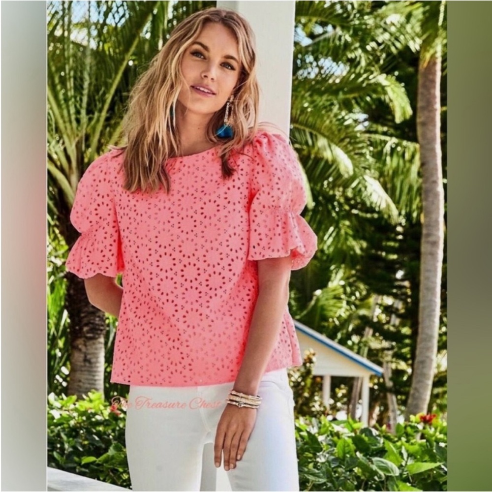 Lilly Pulitzer Shaila Puff Sleeve Coral Pink Eyelet Lace Large Blouse
